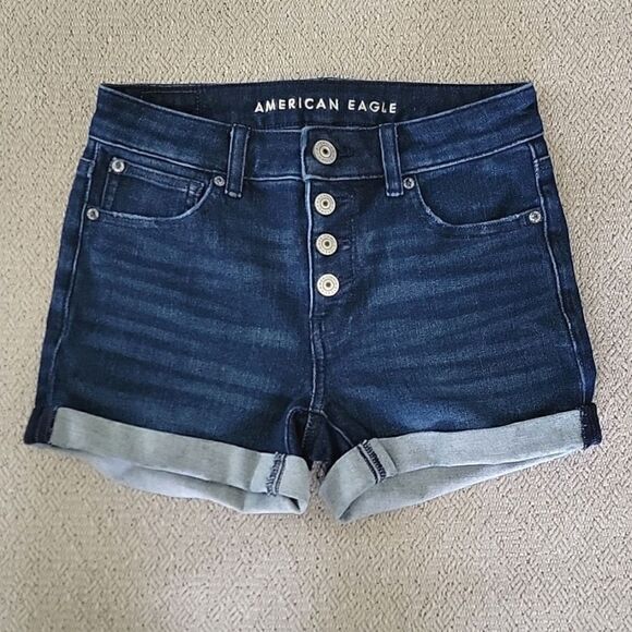 American Eagle Dream Midi Dark Wash Button Fly Jean Shorts - 2 - Picture 2 of 12